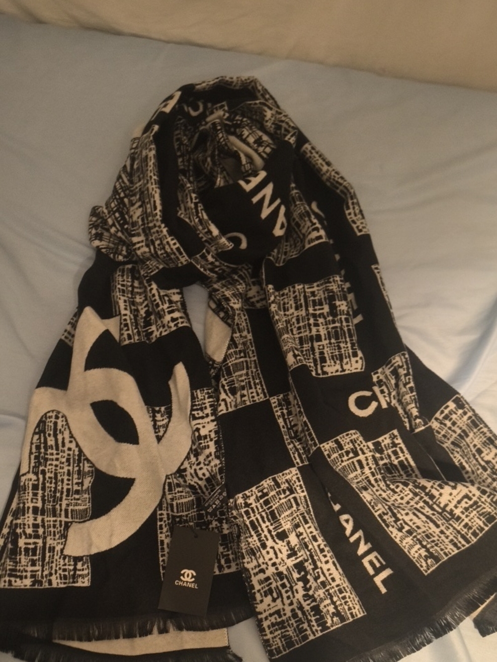 CHANEL Black and Cream Logo Jacquard Scarf
